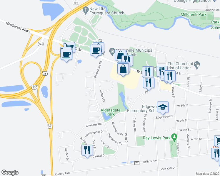 map of restaurants, bars, coffee shops, grocery stores, and more near 290 Lakeside Circle in Marysville