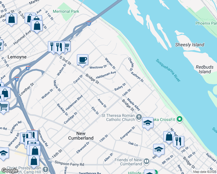 map of restaurants, bars, coffee shops, grocery stores, and more near 1707 Bridge Street in New Cumberland