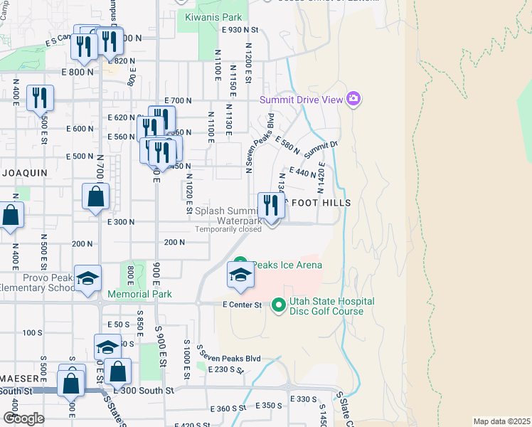 map of restaurants, bars, coffee shops, grocery stores, and more near 309 North 1340 East in Provo