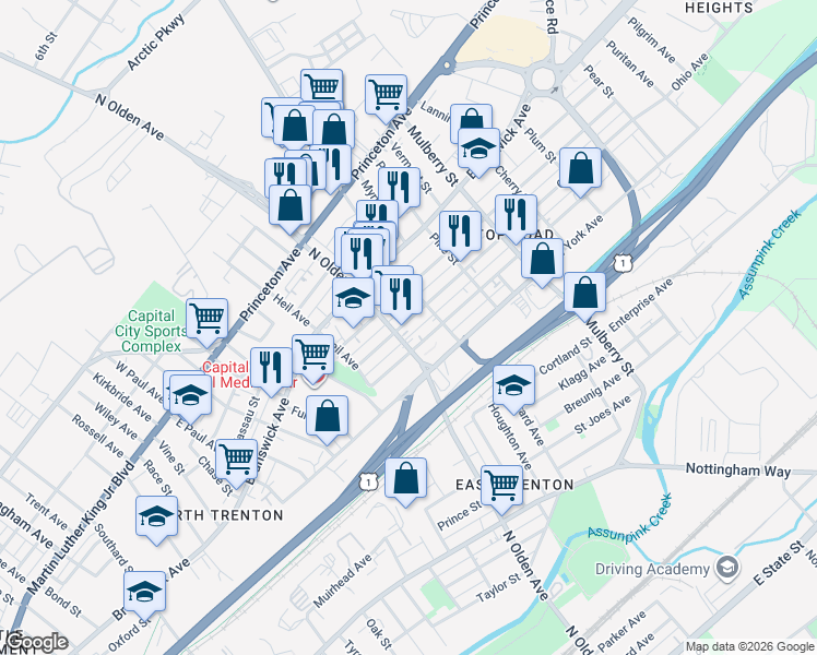 map of restaurants, bars, coffee shops, grocery stores, and more near 902 North Olden Avenue in Trenton