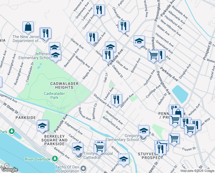 map of restaurants, bars, coffee shops, grocery stores, and more near 53 Laurel Avenue in Trenton