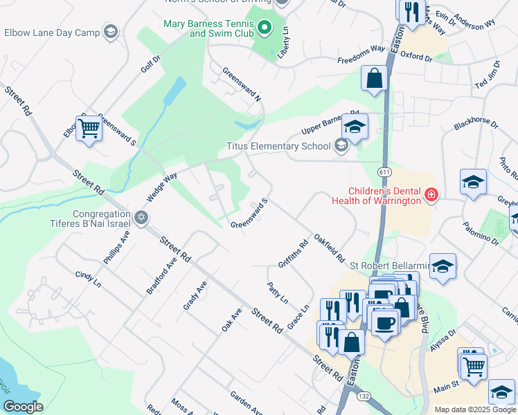 map of restaurants, bars, coffee shops, grocery stores, and more near 2355 Greensward South in Warrington