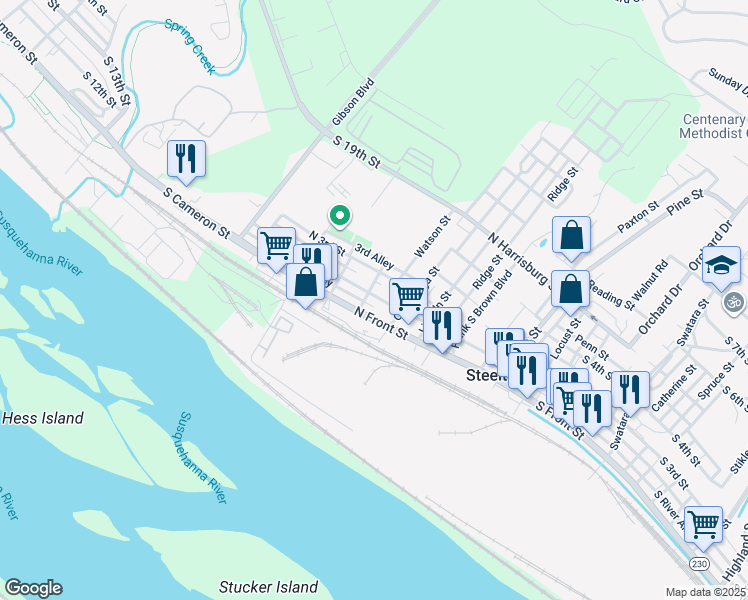 map of restaurants, bars, coffee shops, grocery stores, and more near 458 North 2nd Street in Steelton