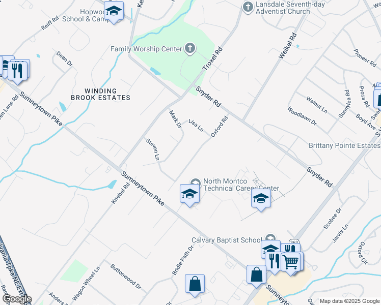 map of restaurants, bars, coffee shops, grocery stores, and more near 118 Oxford Road in Lansdale