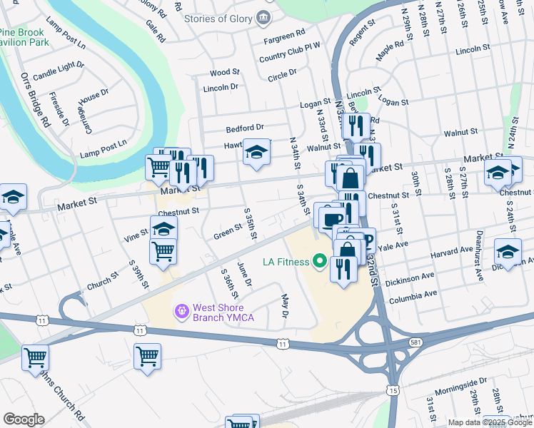 map of restaurants, bars, coffee shops, grocery stores, and more near 3448 Green Street in Camp Hill