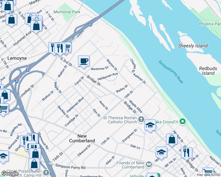 map of restaurants, bars, coffee shops, grocery stores, and more near 1707 Bridge Street in New Cumberland