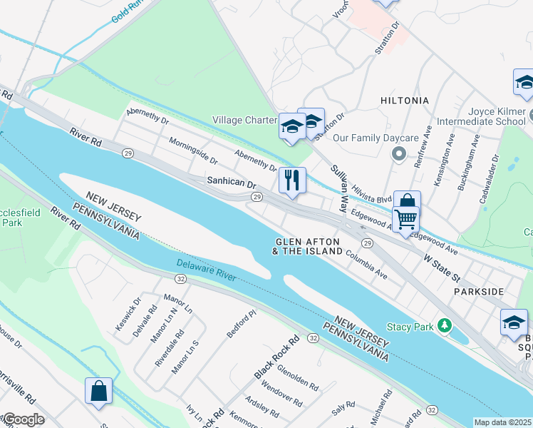 map of restaurants, bars, coffee shops, grocery stores, and more near 2022 Riverside Drive in Trenton