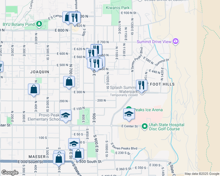 map of restaurants, bars, coffee shops, grocery stores, and more near 1051 300 North in Provo