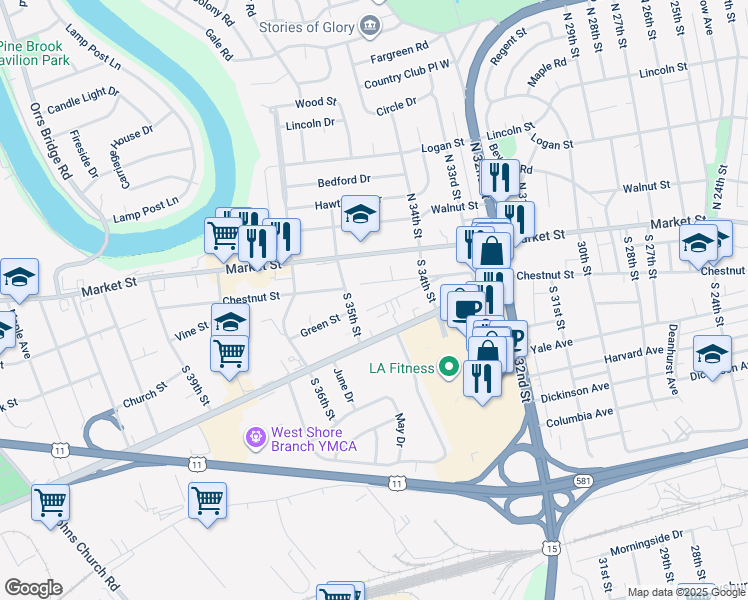 map of restaurants, bars, coffee shops, grocery stores, and more near 3448 Green Street in Camp Hill