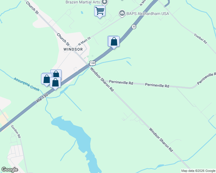 map of restaurants, bars, coffee shops, grocery stores, and more near 114 Windsor Road in Robbinsville Township