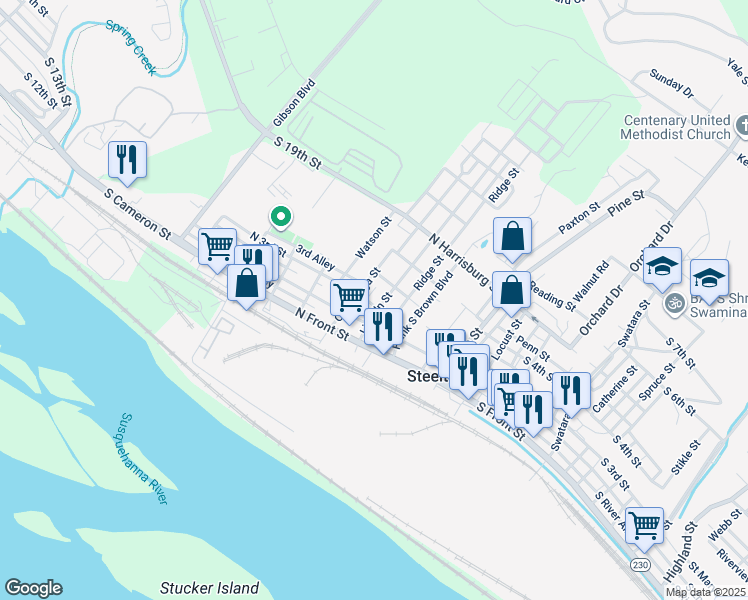 map of restaurants, bars, coffee shops, grocery stores, and more near 125 Lincoln Street in Steelton