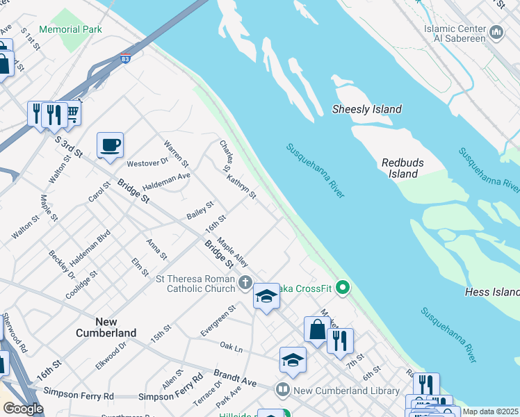 map of restaurants, bars, coffee shops, grocery stores, and more near 1510 Kathryn Street in New Cumberland