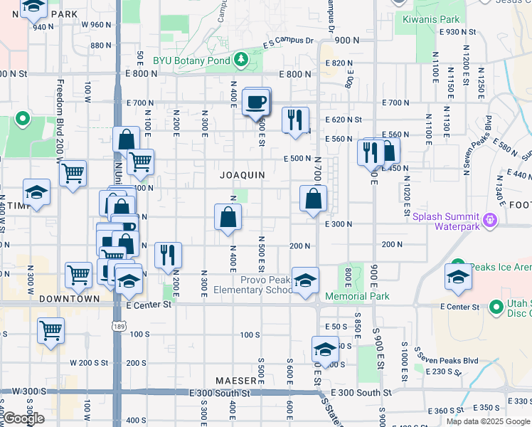 map of restaurants, bars, coffee shops, grocery stores, and more near 292 North 500 East Street in Provo