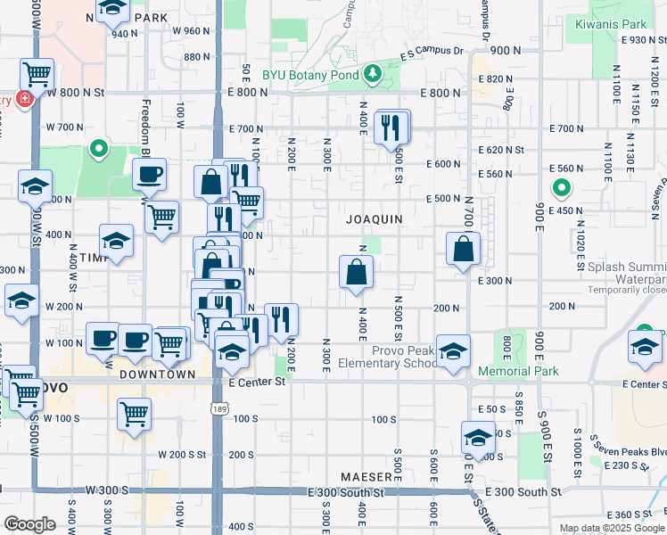 map of restaurants, bars, coffee shops, grocery stores, and more near 366 300 North in Provo