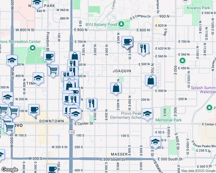 map of restaurants, bars, coffee shops, grocery stores, and more near 366 300 North in Provo