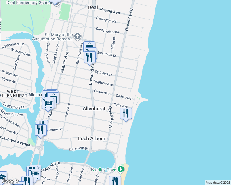 map of restaurants, bars, coffee shops, grocery stores, and more near 30 Cedar Avenue in Allenhurst