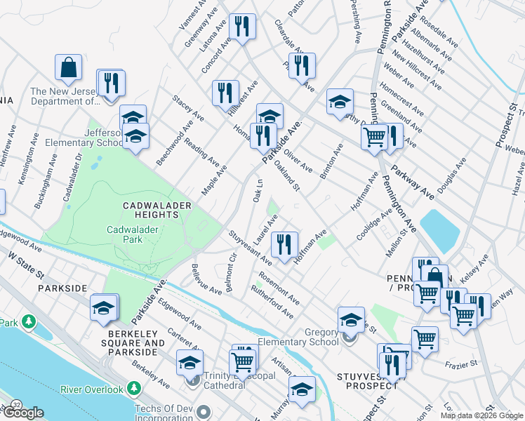 map of restaurants, bars, coffee shops, grocery stores, and more near 53 Laurel Avenue in Trenton