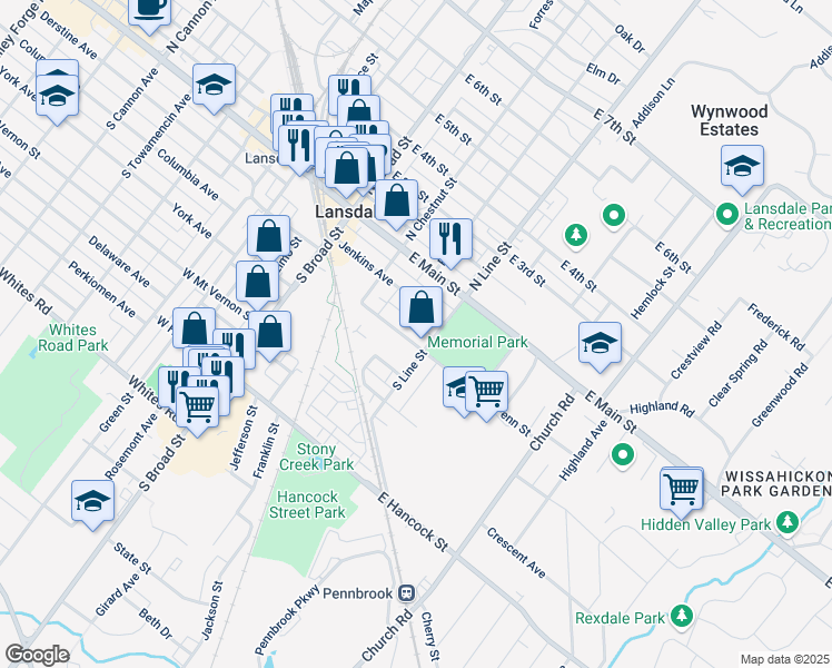 map of restaurants, bars, coffee shops, grocery stores, and more near 200 South Line Street in Lansdale