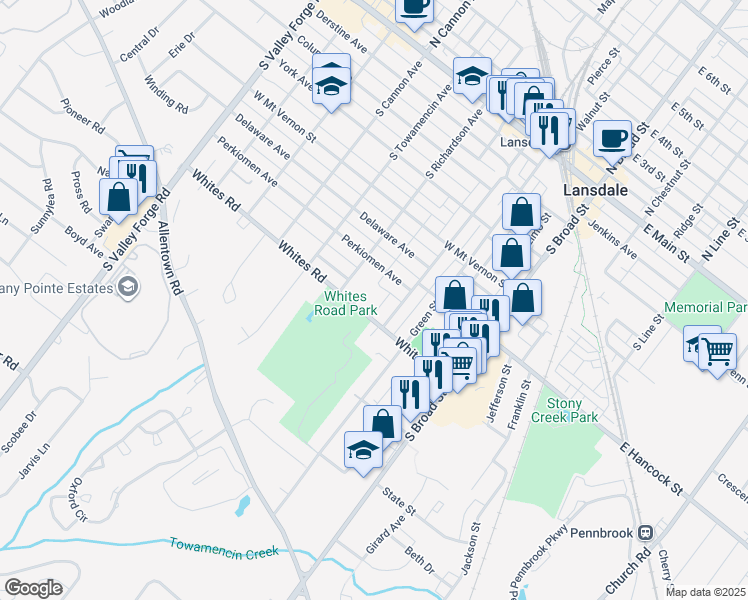 map of restaurants, bars, coffee shops, grocery stores, and more near 400 Whites Road in Lansdale