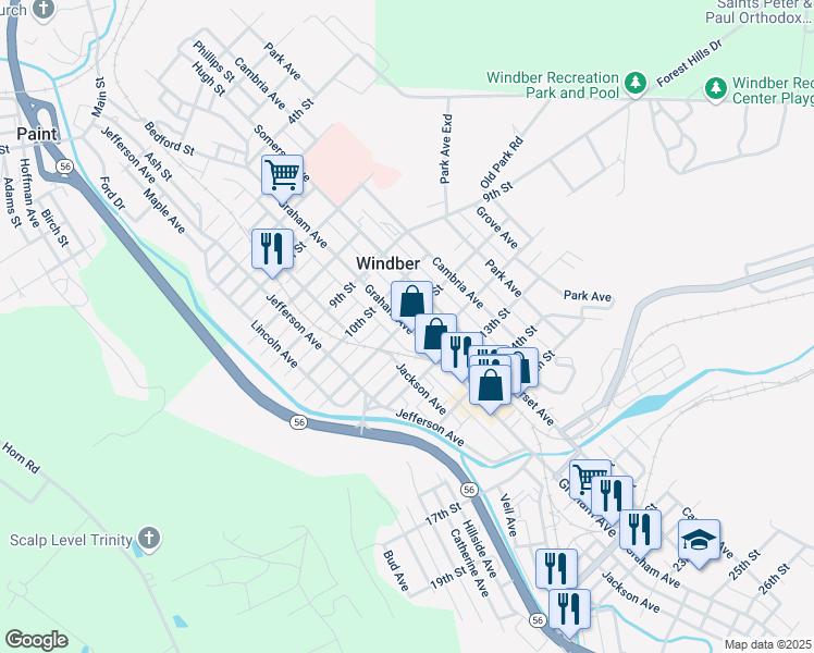 map of restaurants, bars, coffee shops, grocery stores, and more near 1100 Graham Avenue in Windber