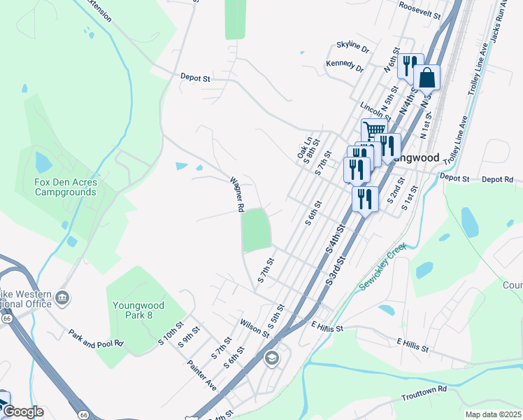 map of restaurants, bars, coffee shops, grocery stores, and more near 829 Newell Saint Exd in Youngwood