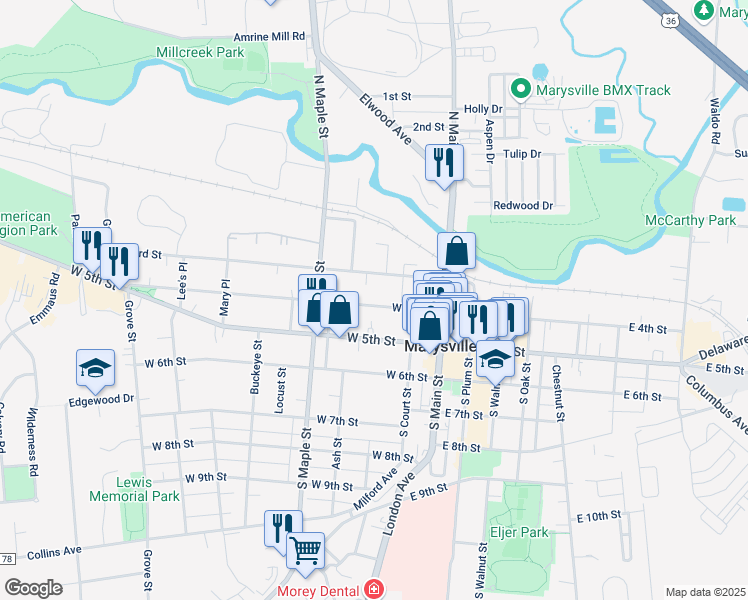 map of restaurants, bars, coffee shops, grocery stores, and more near 247 West 4th Street in Marysville