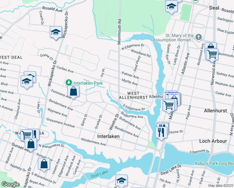 map of restaurants, bars, coffee shops, grocery stores, and more near 707 South Edgemere Drive in Allenhurst