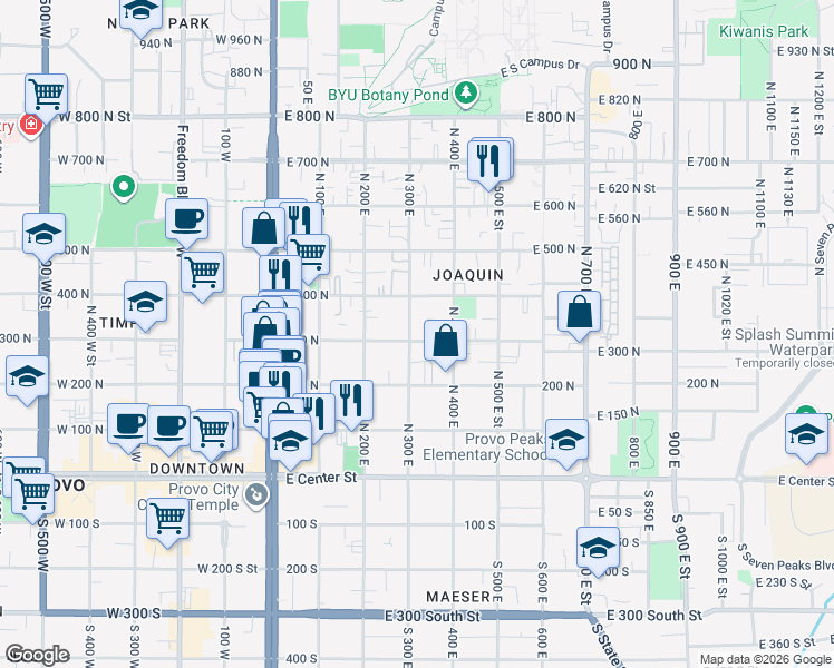 map of restaurants, bars, coffee shops, grocery stores, and more near 366 300 North in Provo