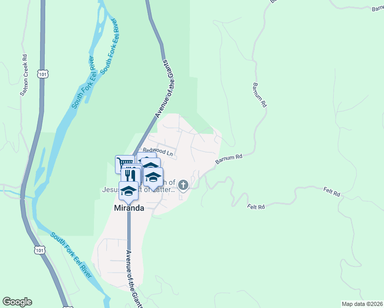 map of restaurants, bars, coffee shops, grocery stores, and more near Acacia Ln in Myers Flat