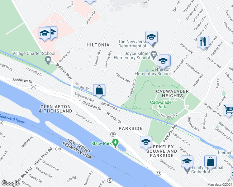 map of restaurants, bars, coffee shops, grocery stores, and more near 18 Hilvista Boulevard in Trenton