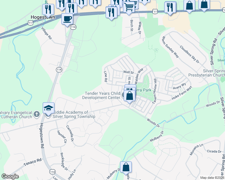 map of restaurants, bars, coffee shops, grocery stores, and more near 14 Nook Alley in Mechanicsburg