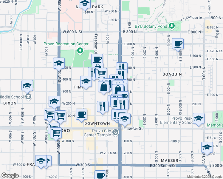 map of restaurants, bars, coffee shops, grocery stores, and more near 72 West 300 North Street in Provo