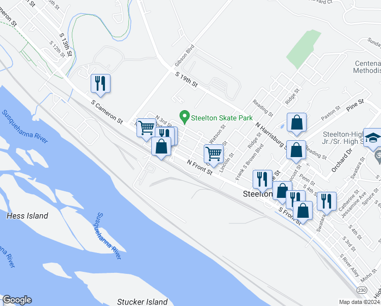 map of restaurants, bars, coffee shops, grocery stores, and more near 504 North 2nd Street in Steelton