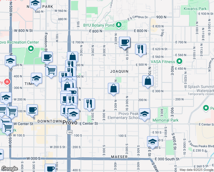 map of restaurants, bars, coffee shops, grocery stores, and more near 366 300 North in Provo
