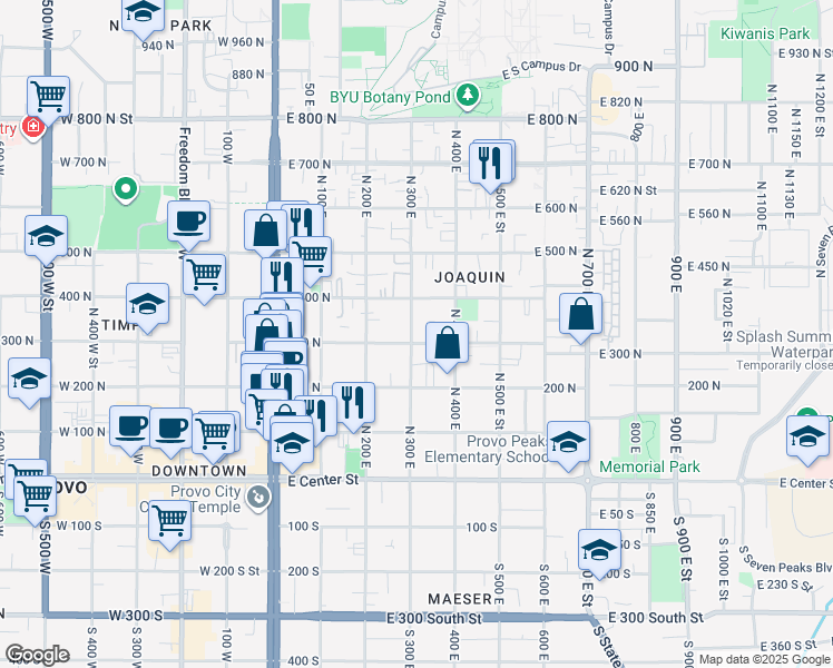 map of restaurants, bars, coffee shops, grocery stores, and more near 366 300 North in Provo