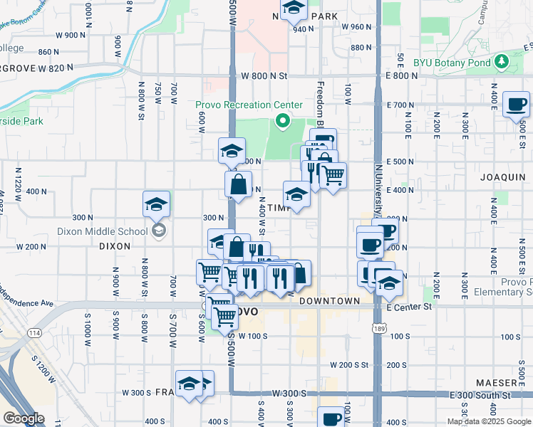 map of restaurants, bars, coffee shops, grocery stores, and more near 293 North 400 West Street in Provo