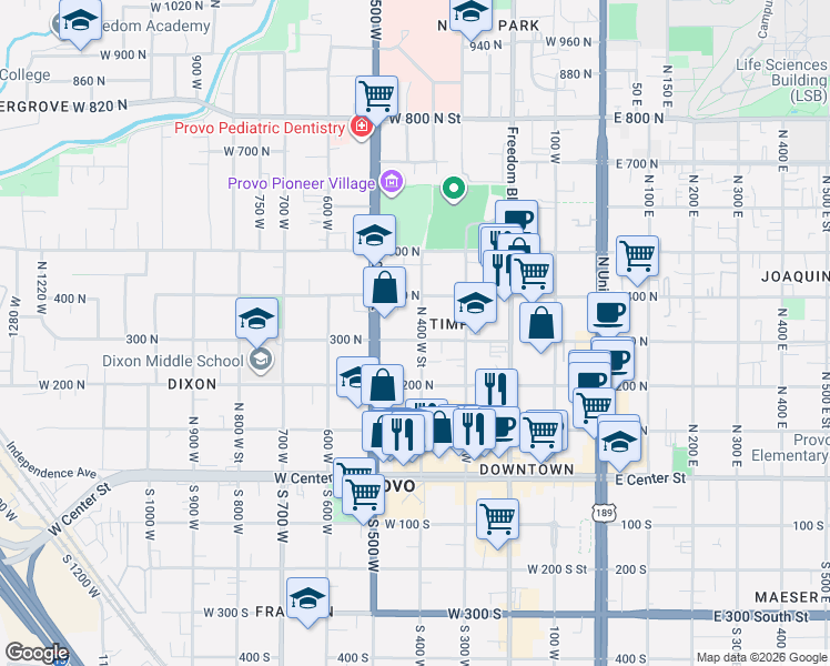 map of restaurants, bars, coffee shops, grocery stores, and more near 293 North 400 West Street in Provo