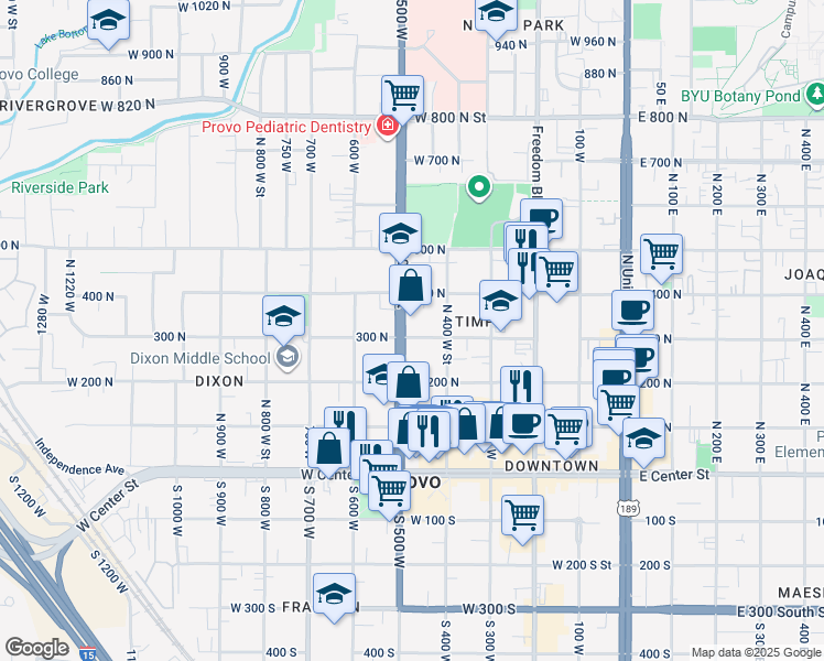 map of restaurants, bars, coffee shops, grocery stores, and more near 342 North 500 West in Provo