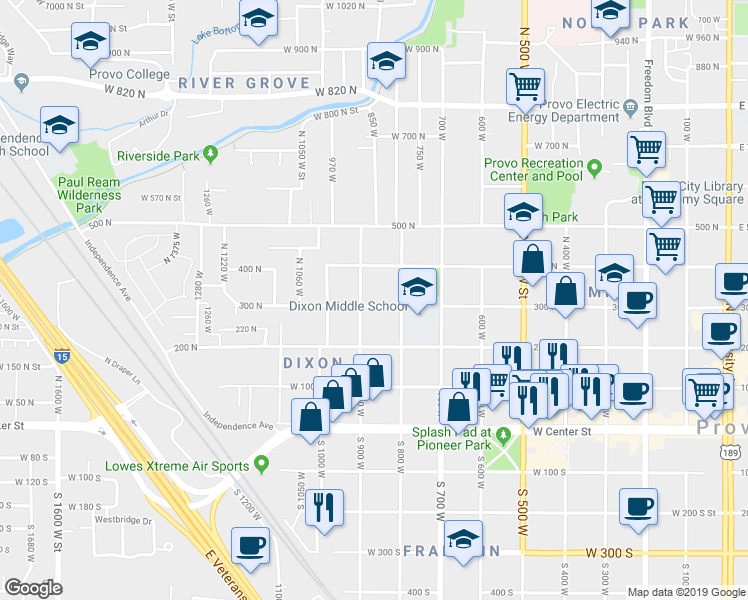 map of restaurants, bars, coffee shops, grocery stores, and more near 851 300 North in Provo