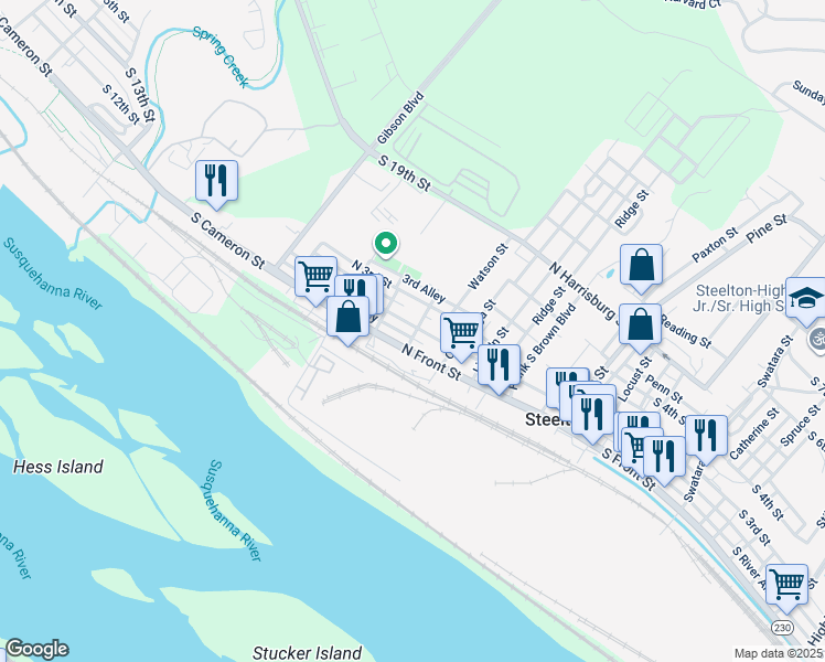 map of restaurants, bars, coffee shops, grocery stores, and more near 427 North Front Street in Steelton