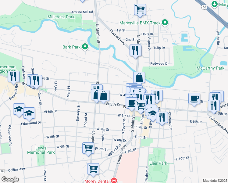 map of restaurants, bars, coffee shops, grocery stores, and more near 247 West 4th Street in Marysville