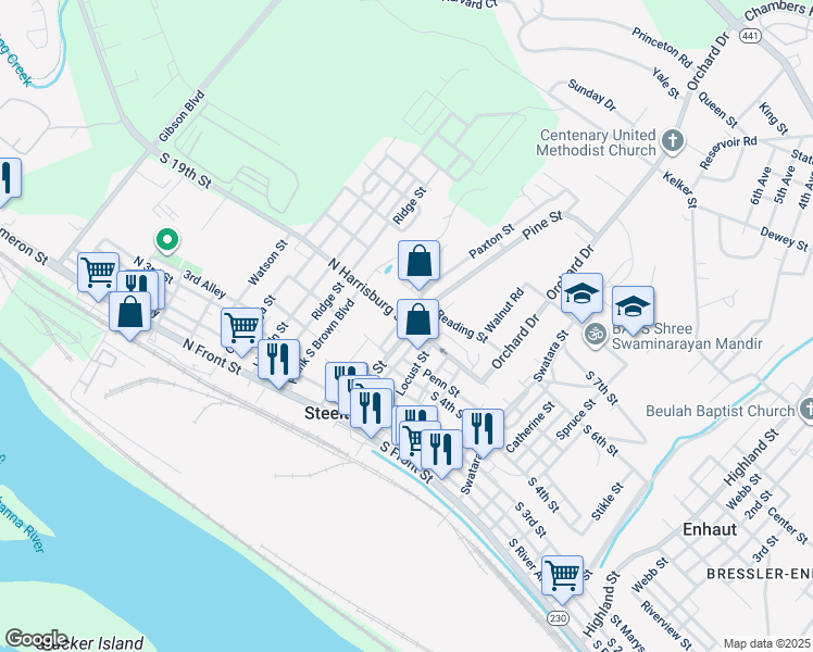 map of restaurants, bars, coffee shops, grocery stores, and more near 363 Pine Street in Steelton
