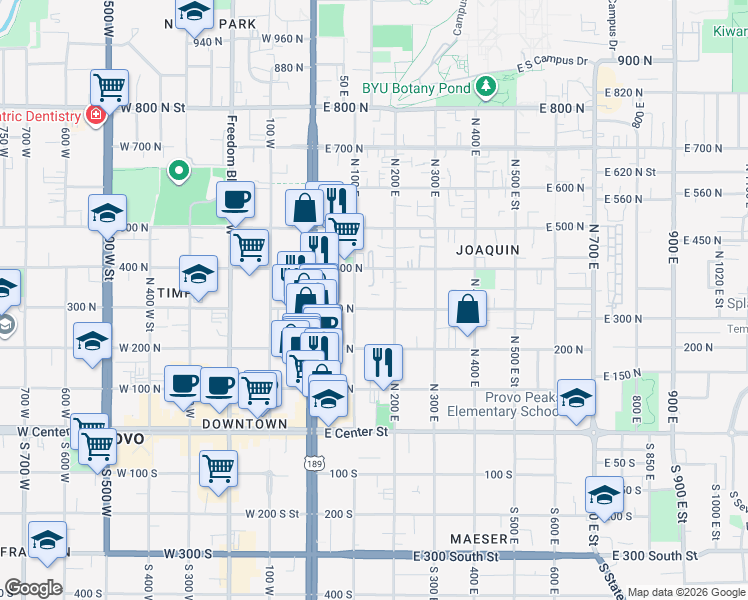map of restaurants, bars, coffee shops, grocery stores, and more near 151 East 300 North in Provo