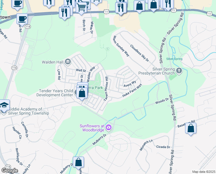map of restaurants, bars, coffee shops, grocery stores, and more near 22 Stone Barn Road in Mechanicsburg