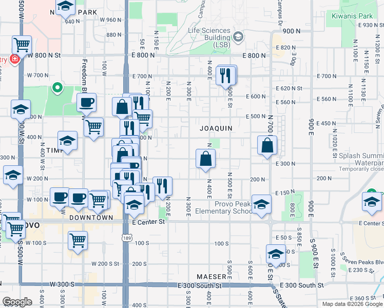 map of restaurants, bars, coffee shops, grocery stores, and more near 366 300 North in Provo