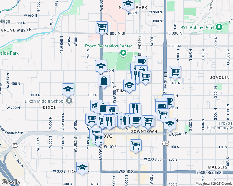 map of restaurants, bars, coffee shops, grocery stores, and more near 388 300 North in Provo