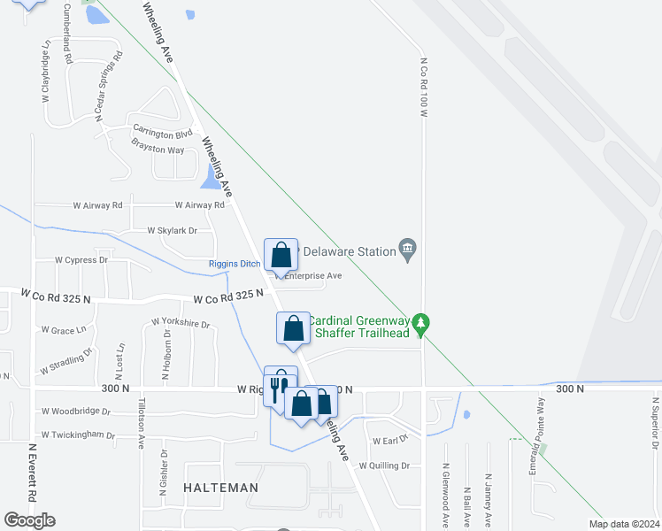 map of restaurants, bars, coffee shops, grocery stores, and more near 2020 West Enterprise Avenue in Muncie