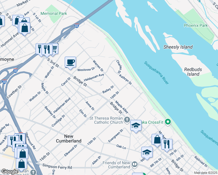 map of restaurants, bars, coffee shops, grocery stores, and more near 215 Bailey Street in New Cumberland