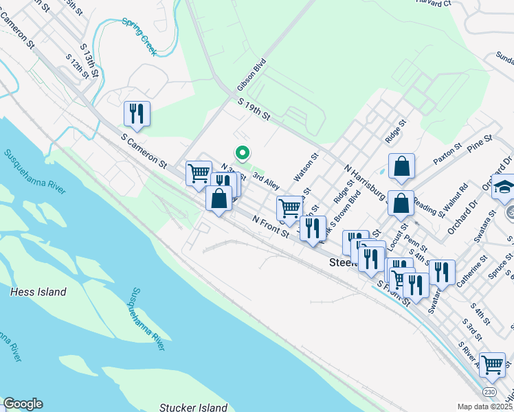map of restaurants, bars, coffee shops, grocery stores, and more near 427 North Front Street in Steelton