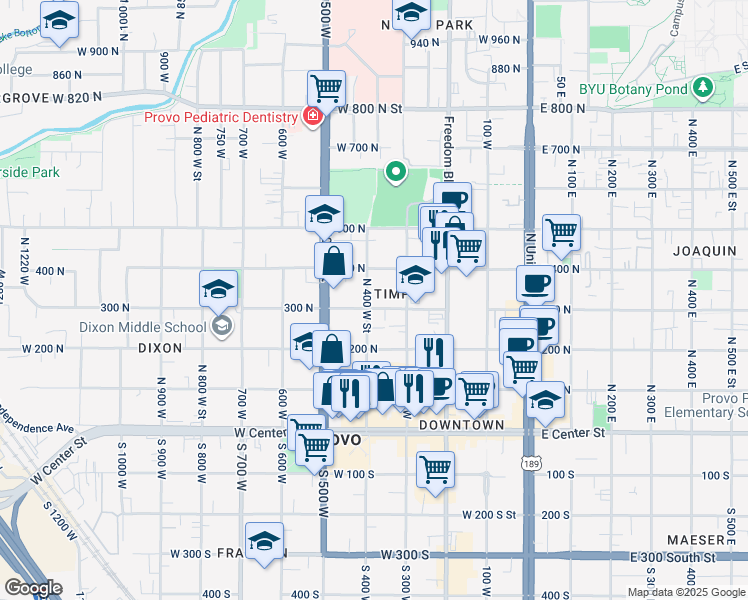 map of restaurants, bars, coffee shops, grocery stores, and more near 388 300 North in Provo